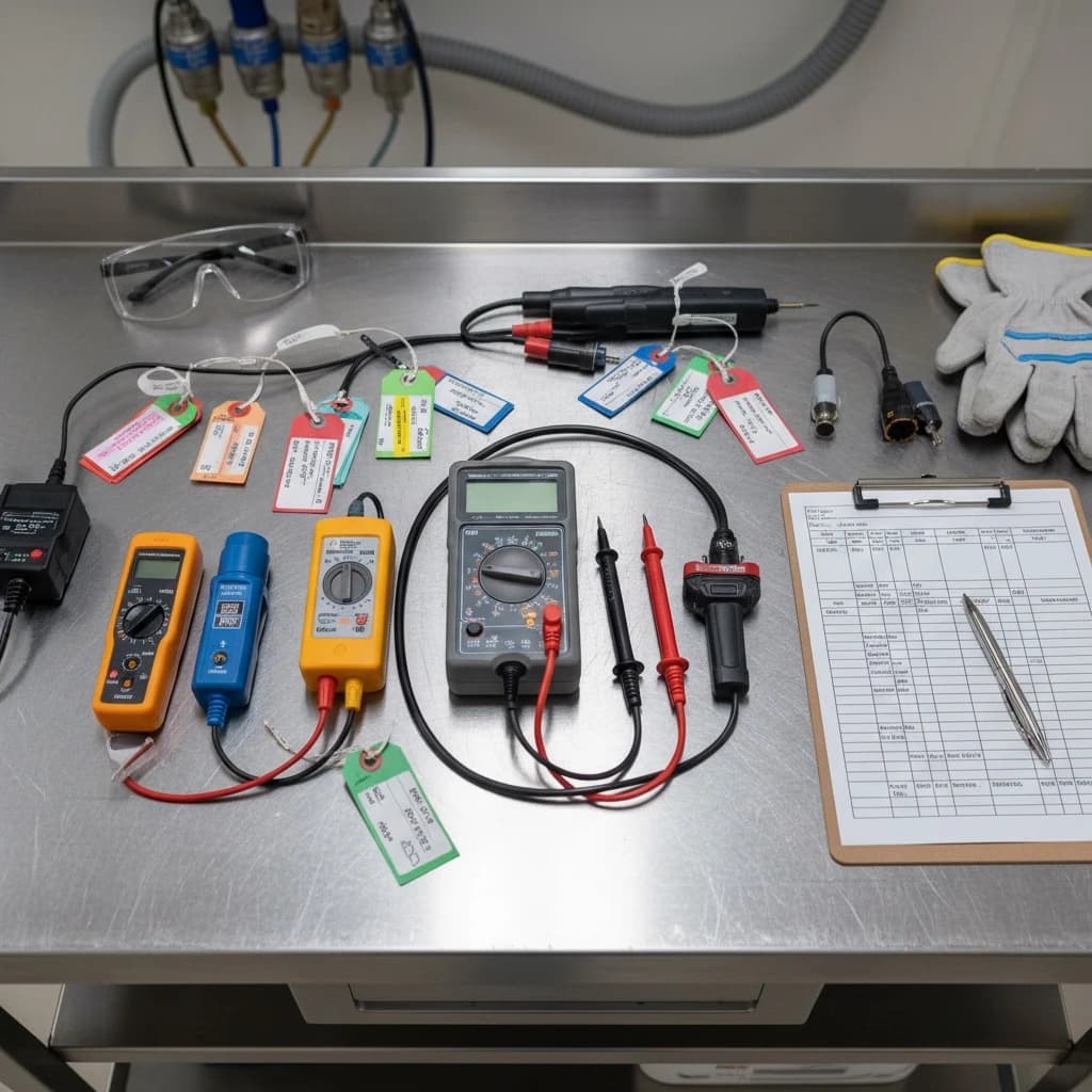 Illustrative electrical testing equipment arranged on a maintenance workbench